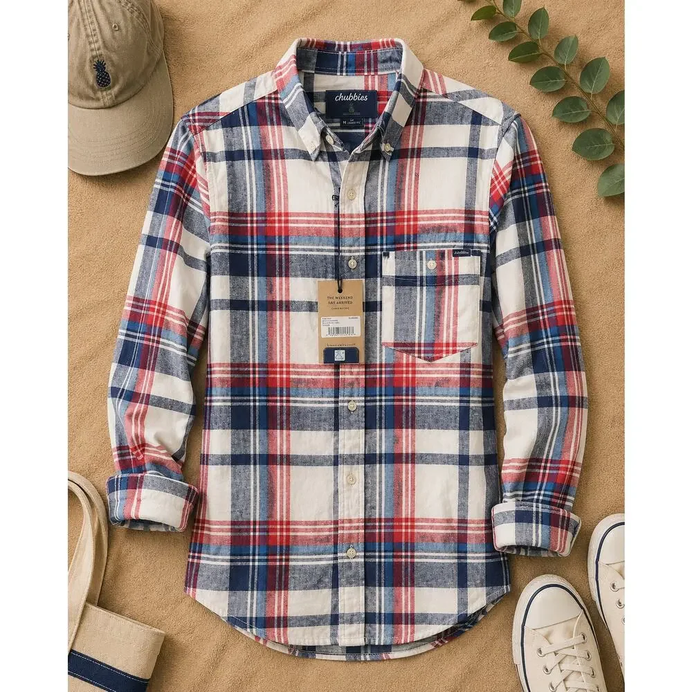 NWT Chubbies Mens The All Around Stretch Flannel Button Down Shirt Red Blue SZ M